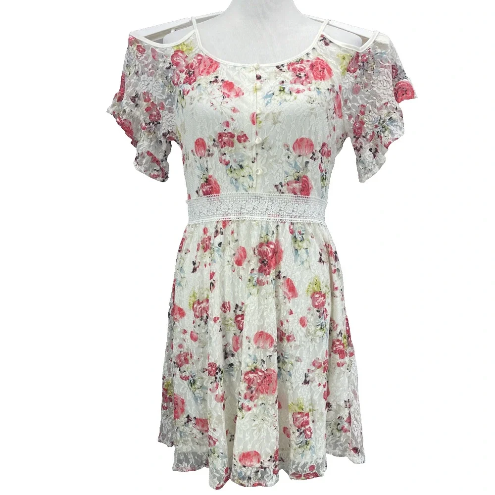 NWT Disney Beauty & The Beast Womens L Floral Wht Lace Dress Peek A Boo Shoulder